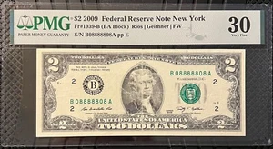 2009 $2 FRN (B 08888808 A) Binary Serial Number Bookends Eights - Picture 1 of 2