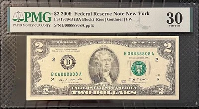 2009 $2 FRN (B 08888808 A) Binary Serial Number Bookends Eights - Image 1 of 2