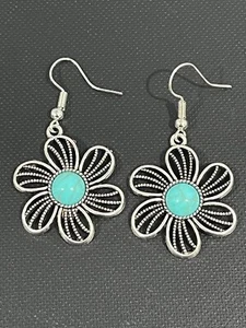 Antique Look Silver Tone Boho Dangle Drop Hook Earrings With Turquoise - Picture 1 of 2