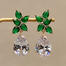 Gold Plated Green Crystal Earhook Earrings Water Drop Glass Pendant CZ Ear