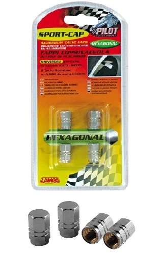4 TAPPI COPRI VALVOLA AUTO MOTO PNEUMATICI RUOTE GOMME LEGA ALLUMINIO ESAGONALI  - Immagine 1 di 1