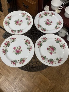 Vintage Sango China Pink Roses Rose Floral Scalloped Edge Set Four Dinner Plate - Picture 1 of 9