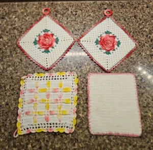Potholders Hand Crocheted ~2 with Raised Rosettes Yellow Pink Vintage - Picture 1 of 8