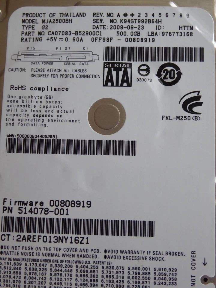 Fujitsu MJA2500BH G2 | CA07083-B52900C1 | 2009-09-23 | FW: 00808919 | 500GB - Bild 1 von 1