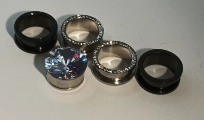 Lot 5 Stainless Double Flare Ear Tunnel Plug Rhinestones all 13/16" Gauge 43g - Image 1 of 4