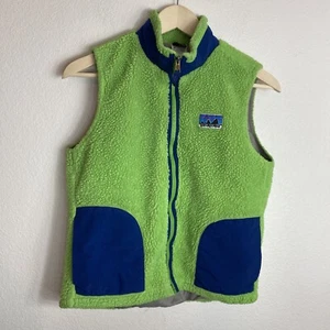 Patagonia Vintage Retro Sherpa Deep Pile Fleece Box Logo Vest Kids L 12 Green - Picture 1 of 19
