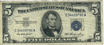 1953 5$ Silver Certificate - Blue Seal - IBP/GMH C34459792A - #13615 - Image 1 of 2