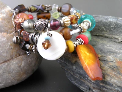 OOAK #BELIEVE Handmade Artisan Colorful Multi-bead Memory Wire Wrap Bracelet - Image 1 of 4