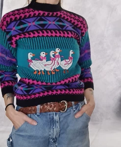 Vintage 90s Sweater Girls LargeTeal Pink Colorful Embroidered Duck Goose Bow - Picture 1 of 20