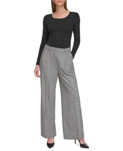 DKNY Women's Petite Plaid Wide-Leg Pants (Black/White, 14P) - Picture 1 of 4