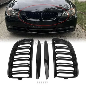 For BMW 3-Series E90 E91 2005-2008 Gloss Black Front Bumper Kidney Grill Grille - Picture 1 of 21