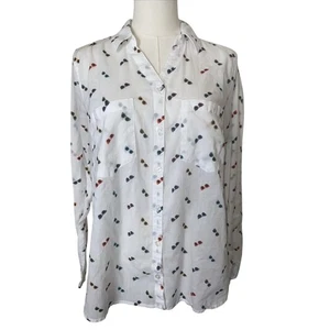White Shirt Gloria Vanderbilt 100% Cotton Roll Up Tab Button Down Sunglasses M - Picture 1 of 9