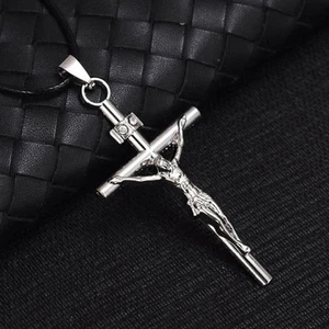 Charm 3D Titanium Steel Christian Jesus Cross Catholic Crucifix Pendant Necklace - Picture 1 of 2