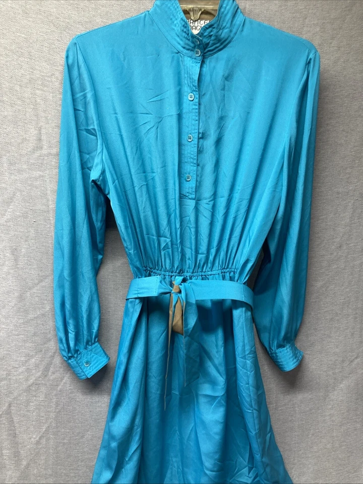 Vestido Vintage Años 80 Frances Henaghan Talla 14 Aqua Cinturón Botones Midi Cottagecore Foto 1 de 4