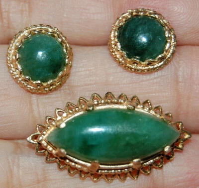 14K Yellow Gold GENUINE Nephrite Jade Gemestones Brooch Matching Earrings Set  - Image 1 of 4