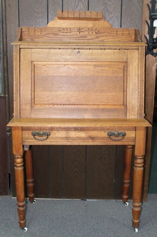 Old Antique OAK Slant Drop Front SPOON CARVED SECRETARY DESK Porcelain Casters Cover