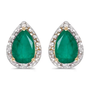 10k Yellow Gold Pear Emerald And Diamond Earrings - Picture 1 of 2