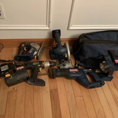 LOT Blue Ryobi 18v tools Circular Saw Jigsaw Reciprocating Saw Drill Light Read - Image 1 of 4