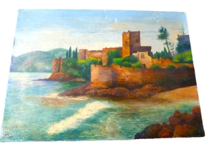 Gemälde hst signiert Chateau bord de mer 1960 signiert Ölgemälde Schloss am Meer - Bild 1 von 11