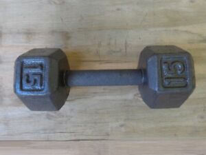 ONE 15 LB CAST IRON DUMBBELL - SINGLE WEIGHT LIFTING BODYBUILDING DUMBBELL
