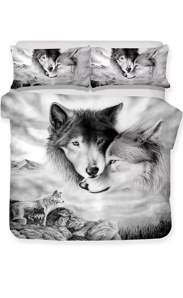 Juego de cama Wolf Couple funda nórdica y 2 fundas de almohada 80x90 cm nuevo completo Foto 1 de 4