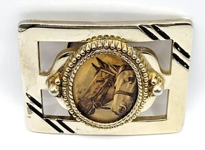 Horse Cameo White and Brown Vintage 80s Silver Tone Country Western Belt Buckle - Picture 1 of 16