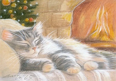 ACEO orig. pastel drawing maine coon cat, fireplace, Christmas by Anna Hoff - Image 1 of 2