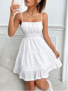 White EZwear Ruched Bust Shirred Back Ruffle Hem Cami Dress Sz XS S M L - Picture 1 of 6