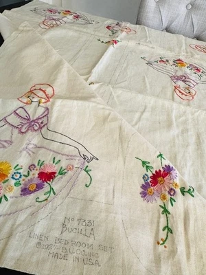 Antique Bucilla Art Deco Embroidered Linens Completed Vanity Set Sampler 1927 - Image 1 of 4