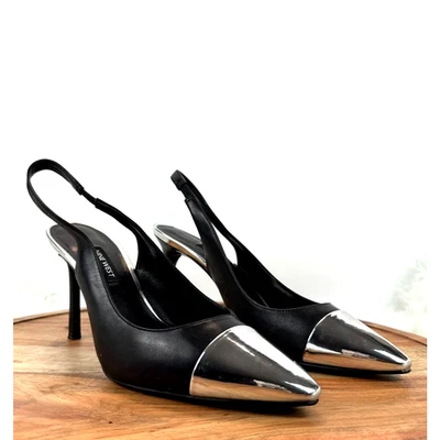 Nine West Sz 8M Black Silver Cap Toe Pointed Slingback Stiletto Heels Pumps Chic - Image 1 of 4