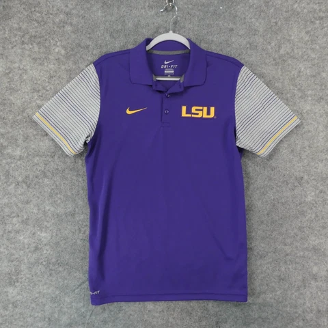 LSU Tigers Shirt Nike Womens Medium Polo Purple w Gold Logo Dri-Fit Cover