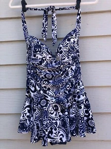 Chaps Blue White Floral Bathing Suit Women's Padded Built-in Skirt 1 Piece Sz 8 - Picture 1 of 19
