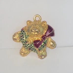 Vintage Gold Tone Christmas Teddy Bear with Enamel Wreath and Bow Pendant - Picture 1 of 4