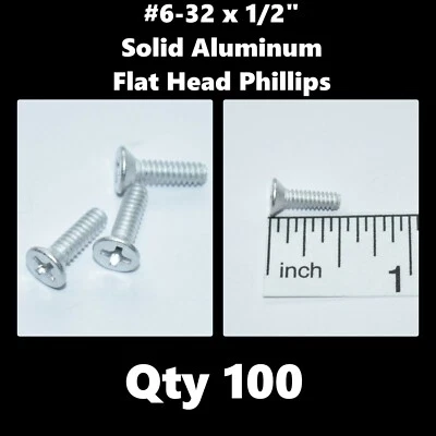 Tornillos de máquina Phillips de cabeza plana de aluminio macizo #6-32 x 1/2" (cantidad 100)  Foto 1 de 4