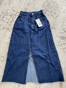 zara donna jeans blu denim linea A gonna midi spacco davanti XS - Foto 1 di 7