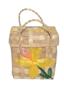 Vintage St Lucia Stroh Kinder Handtasche Webbox Deckel Griffe gelb Blume - Bild 1 von 6