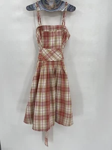 Free People Plaid Smocked Dress Sz 8 Pink Apron Pinafore Tie Back Pockets Dress - Picture 1 of 7