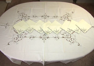 VTG Linen Tablecloth  w/ Cutouts Embroidery w/8 Napkins 64x80 Ivory w/grey trim - Picture 1 of 13