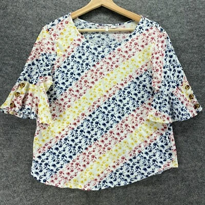 Blusa Cato Mujer M Mediana Blanca Rayas Manga 3/4 Cuello Redondo Algodón Informal Foto 1 de 4