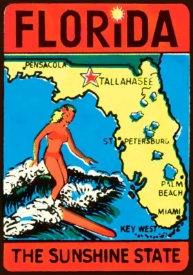 FLORIDA THE SUNSHINE STATE GIRL SURFING SPORT TRAVEL USA VINTAGE POSTER REPRO - Image 1 of 3