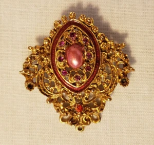 Victorian-Style Brooch Gold-Tone Unique Pink/Ruby Stones - Picture 1 of 5
