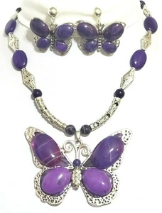 Purple Agate Gemstone Butterfly Handmade Necklace Earrings One of a Kind - Picture 1 of 8