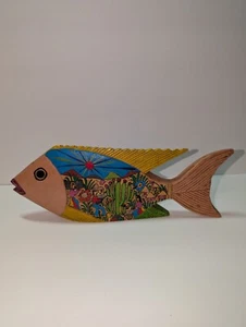 Mexican Folk Art Hand Carved Fish Hand Painted Wood Mexican Design 11.5" - Picture 1 of 12