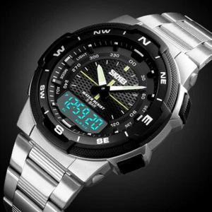 Classic Men's Analogue Digital LED Date CHRONO Alarm Stainless Steel Wrist Watch - Picture 1 of 20
