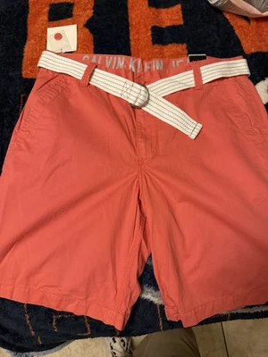 NWT Calvin Klein Chino Shorts Men's 34 Belted Flat Front 9” Inseam Coral - Image 1 of 4