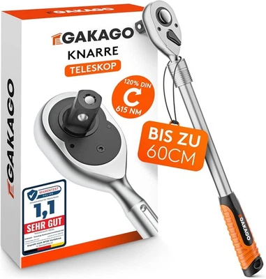 GAKAGO GMBH Gakago Teleskop-Ratsche 1/2 Zoll bis zu 60cm - Extra lange umschaltbare Knarre