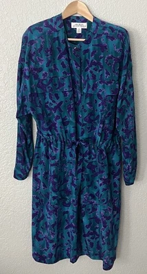 Vintage Linda Allard for Ellen Tracy 100% Silk Abstract Teal Purple Dress Sz 10 - Image 1 of 4