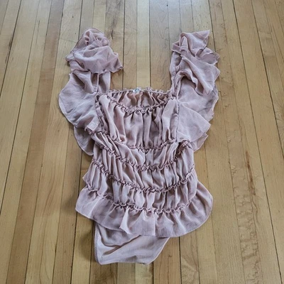 Intimately Free People Bodysuit Womens S Pale Pink Ruffle Sleeve Feminine Mesh - Image 1 of 4