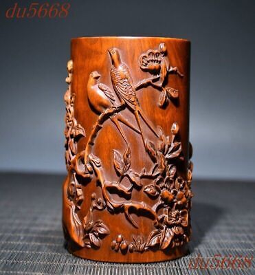 4 China Small Leaf Boxwood Feng Shui Wealth Animal Bird Brush Pot Pencil Vase • 134.61$