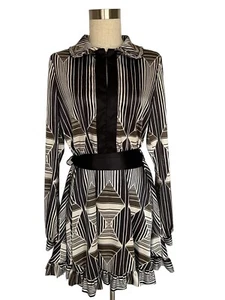 Just Cavalli Belted Wrap Dress Glossy Brown White Geometric Striped Print Sz 42 - Picture 1 of 18